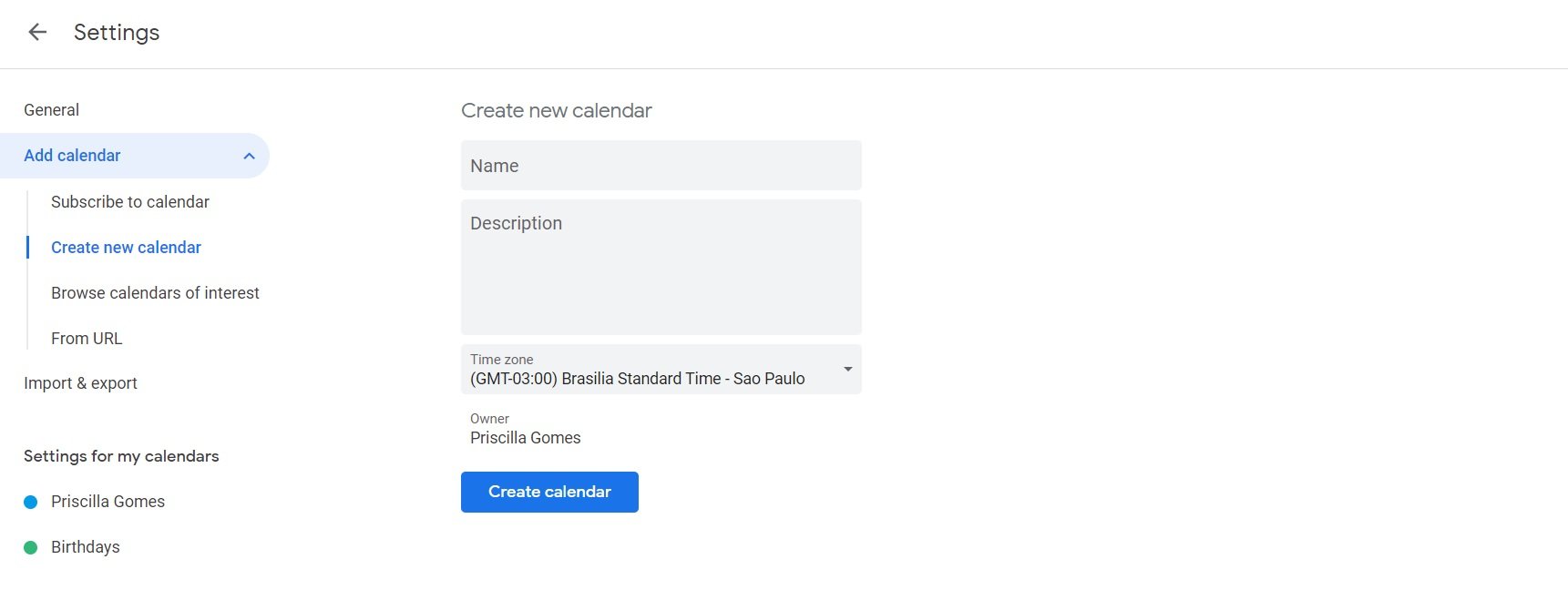 how to create a new calendar with Google Calendar