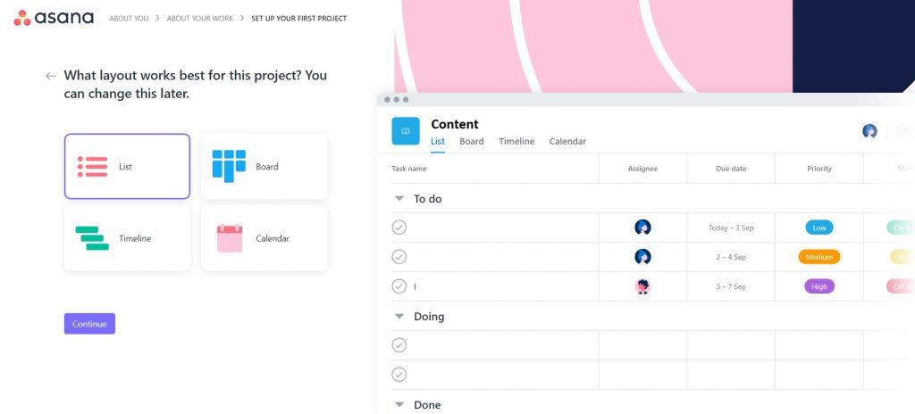 layout Asana - organize your team tasks